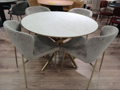 Стол обеденный F-1707-1. 1100-750 (HPL 7377-42  WHITE JADE С ЗОЛОТОЙ МАТОВОЙ КРОМКОЙ / ЗОЛОТОЙ МАТОВЫЙ. Размер 1100 мм * 750 мм)