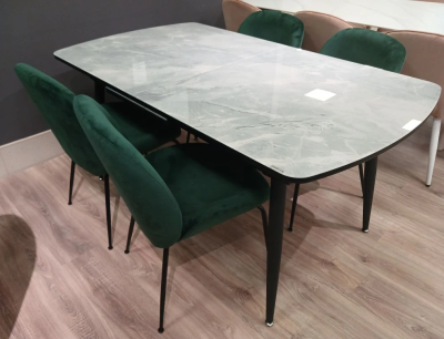 Стол обеденный L-156 раскладной. 1600-2000*900*760 (СТЕКЛО MARBLE LOOKING FINISH / ЧЕРНЫЙ МАТОВЫЙ. Размер 1600-2000мм * 900мм * 760 мм)