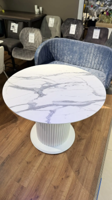 Стол обеденный "Элит 6" раскладной. 1000-1300*1000*750 (МРАМОР БЕЛЫЙ 3027 * БЕЛЫЙ МАТОВЫЙ. Размер 1000-1300 мм * 1000 - 760 мм)