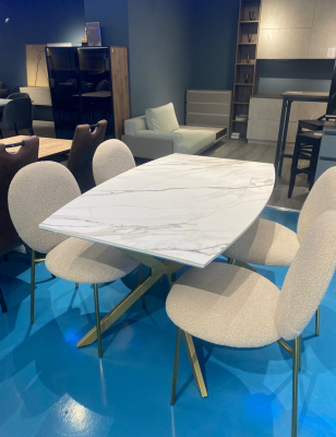 Стол обеденный "Стайл 31 Бочка" раскладной (КЕРАМИКА БЕЛЫЙ ЗОЛОТО МАТОВЫЙ 111 GILT WHITE / ЗОЛОТО. Размеры 1380-1780 мм * 750 * 880 мм)