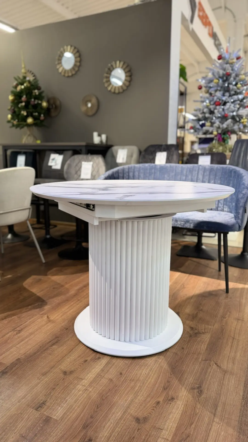 Стол обеденный "Элит 6" раскладной (МРАМОР БЕЛЫЙ 3027 * БЕЛЫЙ МАТОВЫЙ. Размер 1000-1300 мм * 1000 - 760 мм)