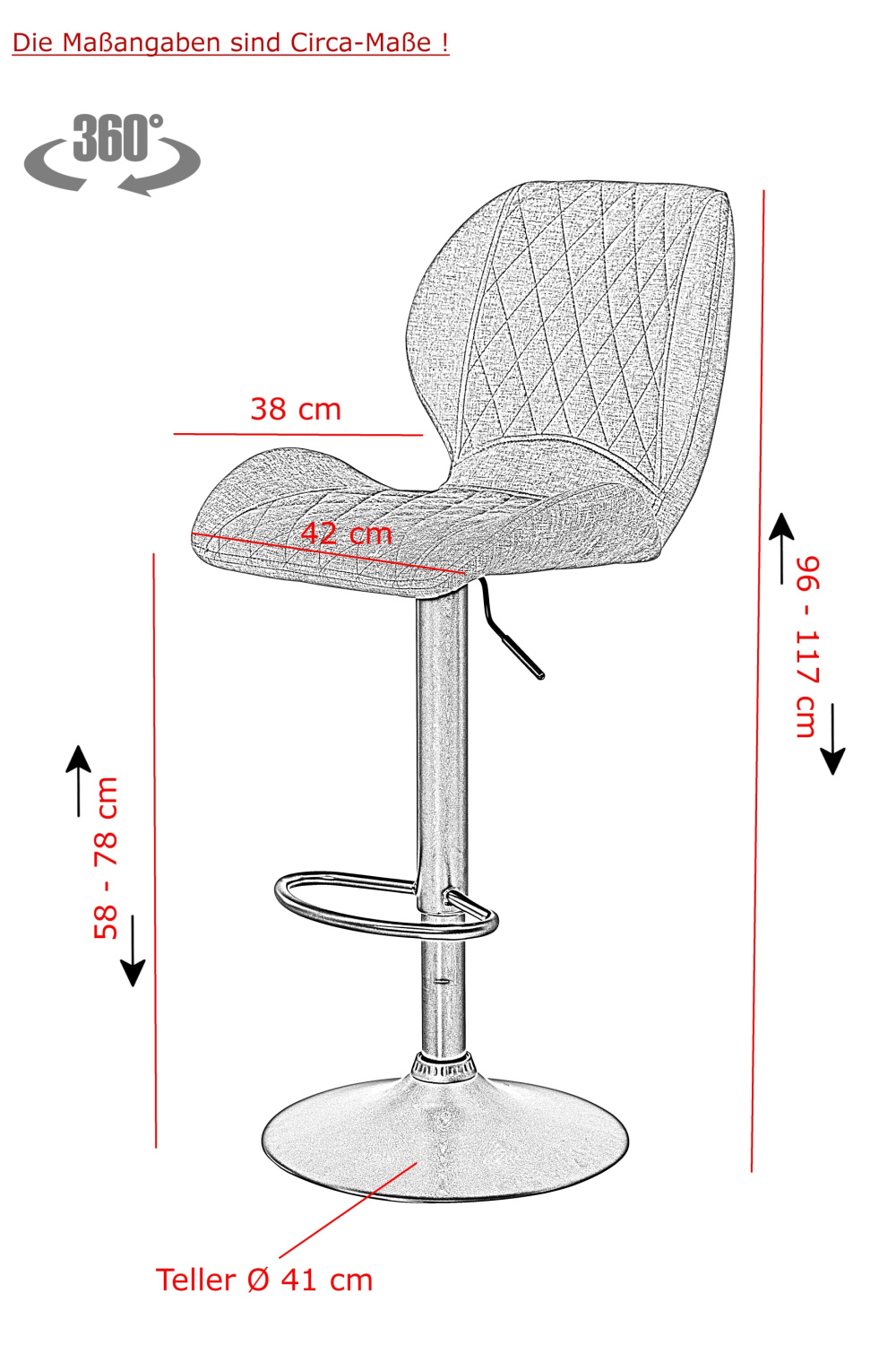 Стул барный "Laila H" вращающийся (Цвет СЕРЫЙ 50 / ЧЁРНЫЙ, Артикул 920589 50, Размер 420 мм * 510 мм * 960 - 1170 мм)