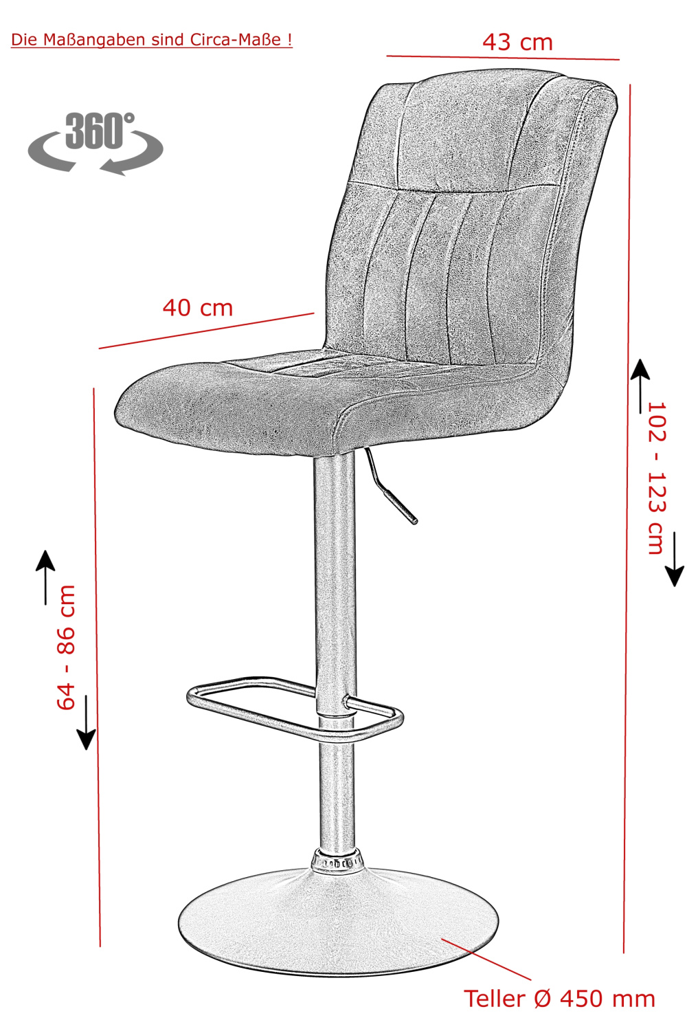Стул барный "Elke H" вращающийся (Цвет СЕРЫЙ 50 / СЕРЫЙ, Артикул 920587 50, Размер 430 мм * 565 мм * 1020 - 1230 мм)